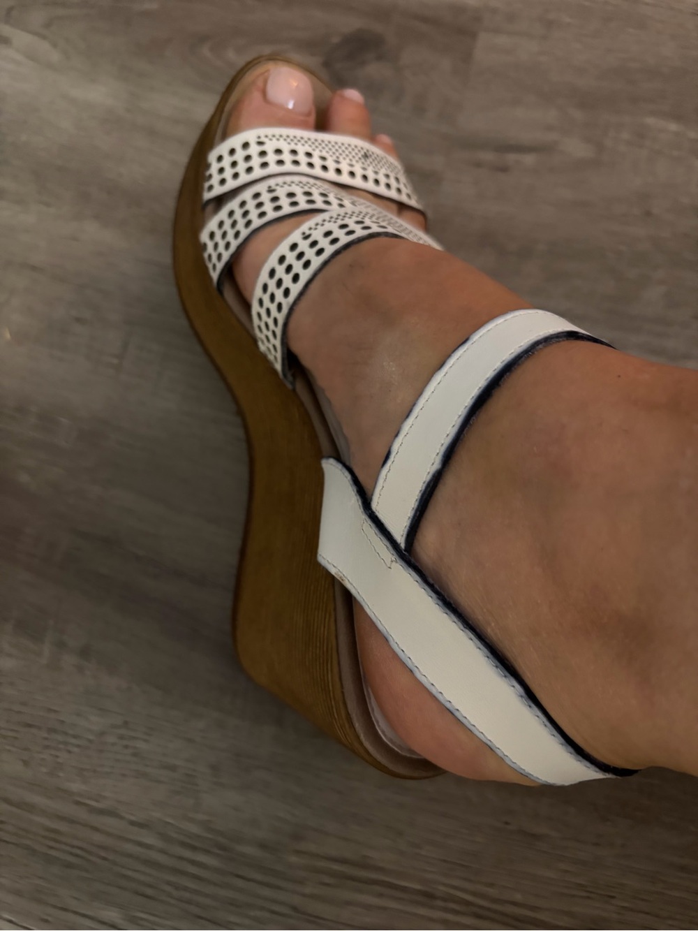 White Perforated Wedge Sandals